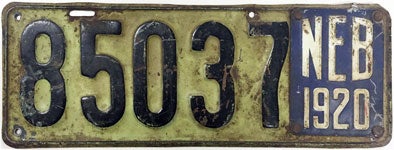 Nebraska license plate from 1919-1920
