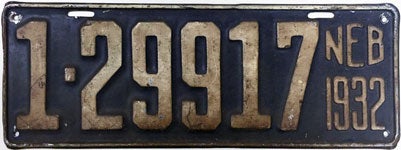 Nebraska license plate from 1932