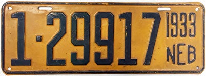 Nebraska license plate from 1933