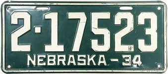 Nebraska license plate from 1934