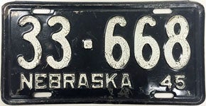 Nebraska license plate from 1945