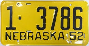 Nebraska license plate from 1952