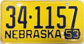 Nebraska license plate from 1953