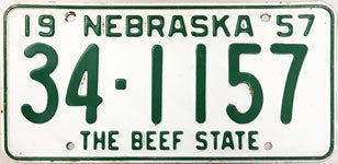 Nebraska license plate from 1957