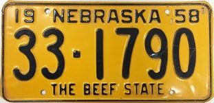 Nebraska license plate from 1958
