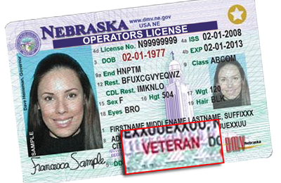 sample Nebraska Driver's License with Veteran Designation
