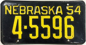 Nebraska license plate from 1954