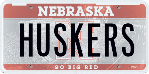 Example Nebraska license plate with "HUSKERS" on it