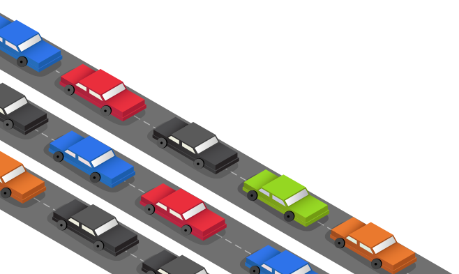 multi-colored cars bumper to bumper on 3 diagonal roads