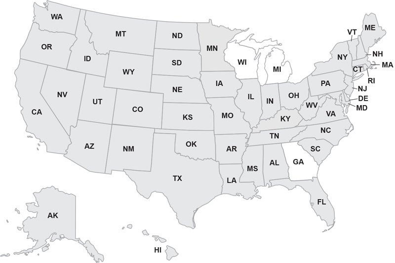 USA map with compact states shaded in gray
