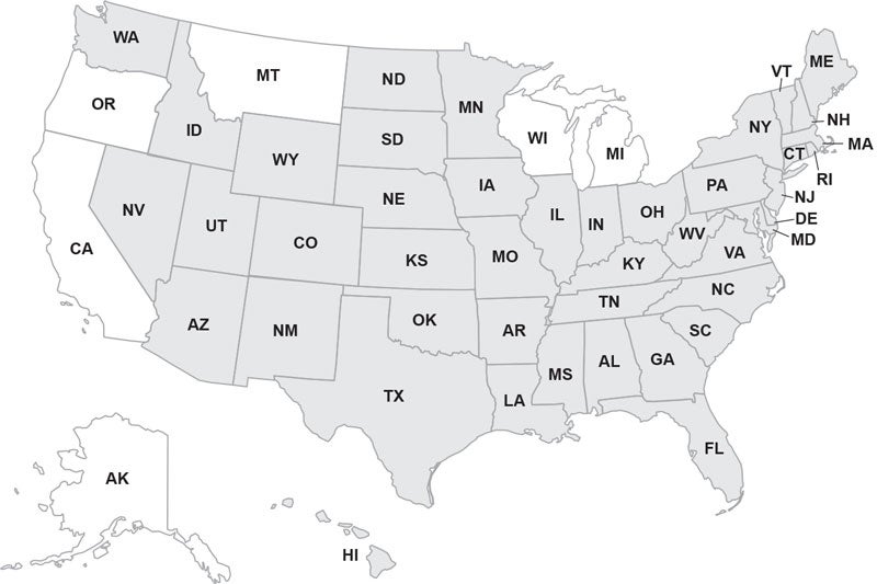USA map with the nonresident violator compact states shaded in gray