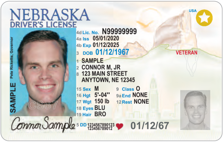 Nebraska drivers license sample with veteran designation