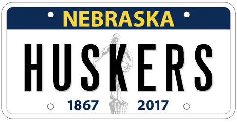 Example Nebraska license plate with "HUSKERS" on it